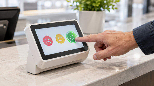 A person presses a happy face icon on a feedback touchscreen device at a clean, modern counter with a plant in the background.