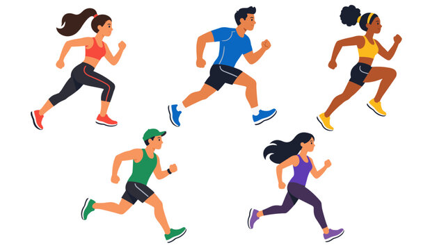 Set of five runners in colorful athletic clothing