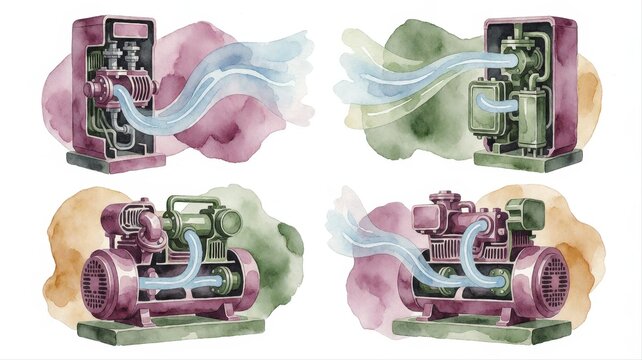 Artistic watercolor illustrations of mechanical devices with flowing pipes and gears in vivid colors