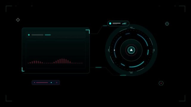 Hud ui digital audio visualizer sound wave bars circle dial futuristic cyberpunk sci-fi tech graphic dark style overlay element motion graphics background asset