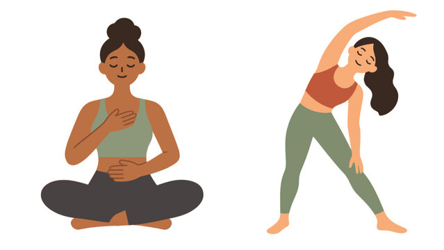 Women practicing yoga with seated meditation and a side bend