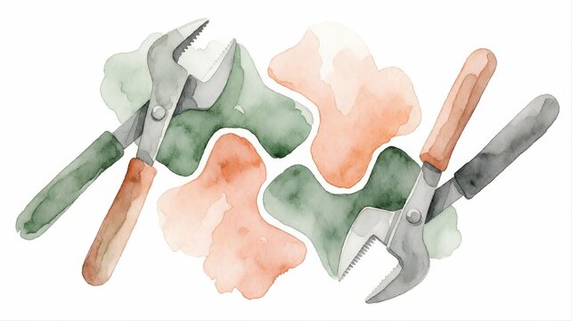 Hand tools and plant cuttings with soil and water in watercolor style