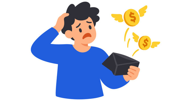 Worried man looks into an empty wallet as money flies away