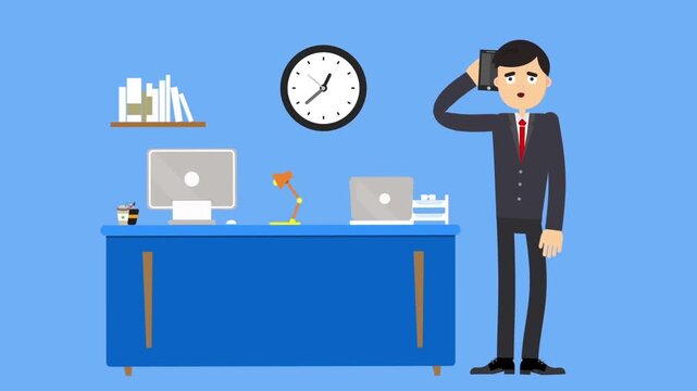 Animated businessman talking on smartphone in modern office workspace vector motion graphic illustration clip