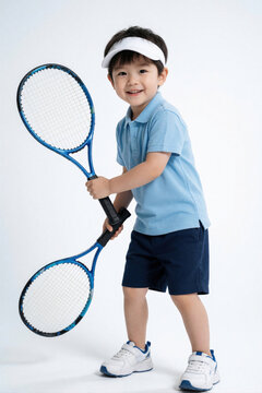 Cute little Asian boy holds two tennis rackets on white background. Small child wears blue polo shirt, navy shorts, white visor. Happy young athlete poses for portrait, ready to play sport game