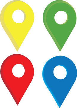 Colorful 3D Map Pin Location Icons Set &ndash; Yellow, Green, Red and Blue Navigation Markers