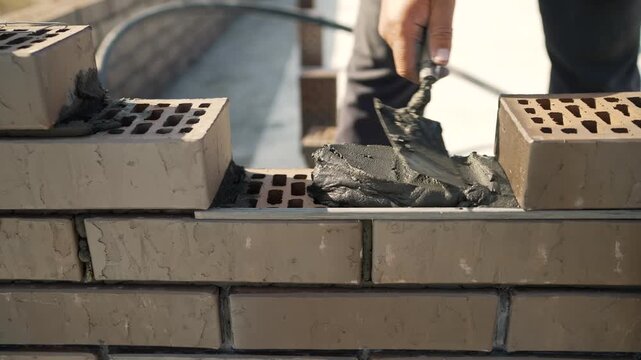 Adult man in white work gloves applying dark grey mortar with trowel to brown perforated brick while building new brick wall outdoors, construction work