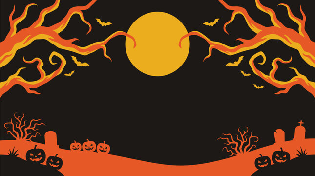 A spooky and vibrant halloween background vector featuring a full moon twisted branches and a glowing pumpkin patch at the bottom