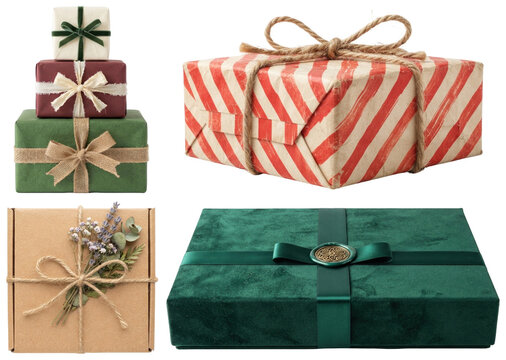 A curated collection of vintage and rustic wrapped gift boxes decorated with ribbons, bows, and festive embellishments.