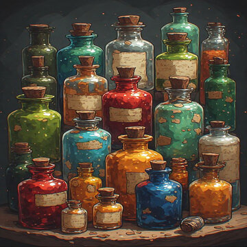 Collection of magical potion bottles filled with colorful liquids and cork stoppers colorful stoppers collection ingredients laboratory