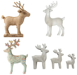 A diverse collection of decorative reindeer figurines crafted from wood, burlap, concrete, and frosted glass for holiday home styling. © z_to_the_top