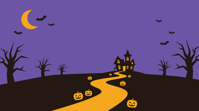 A spooky halloween night scene with a winding path haunted house bats crescent moon and glowing jack o' lanterns for festive decorations