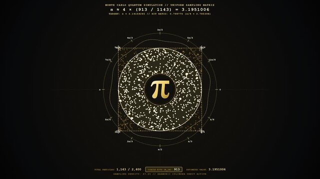 Mathematical simulation calculating pi with golden particle flow hud. 4K Video