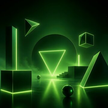 Green geometric shapes and lines on dark background illustration