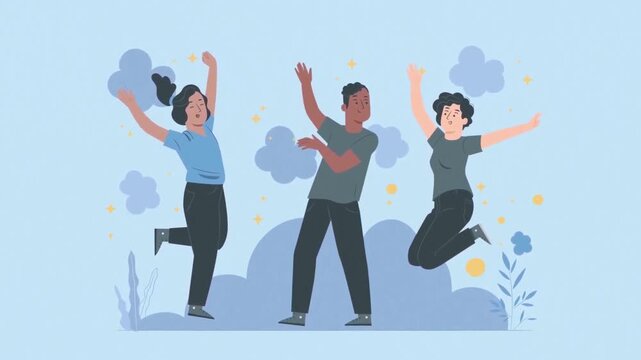 Happy diverse young friends dancing joyfully together in animated video clip loop with bright blue sky background