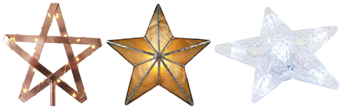 An assortment of decorative luminous Christmas tree star toppers in various styles and finishes.