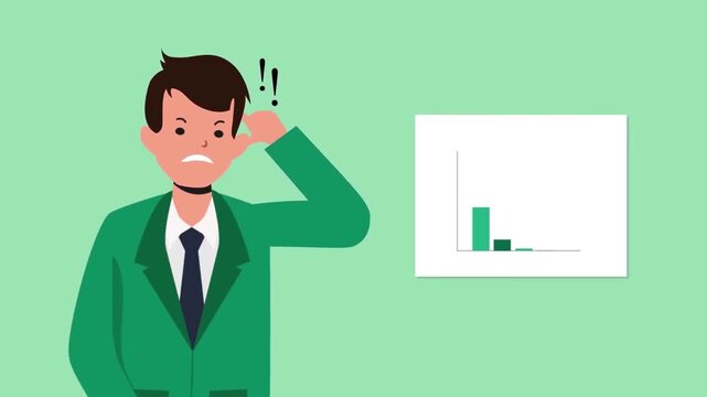Confused businessman scratching head in front of blank chart banner animation video clip