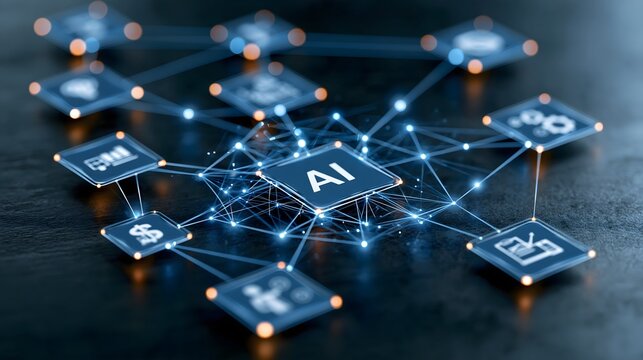 Agentic AI business system with multiple specialized AI agents collaborating across sales, finance, marketing and operations, interconnected glowing nodes, sophisticated enterprise technology concept