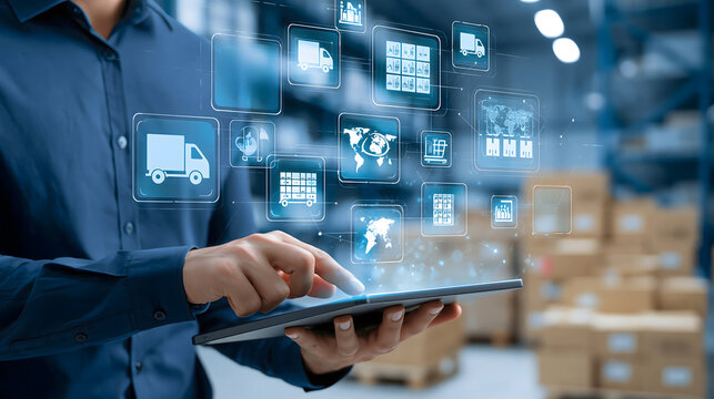 AI-powered supply chain management with intelligent agents monitoring inventory, logistics routes, warehouse operations and demand forecasting, connected digital network, modern business technology