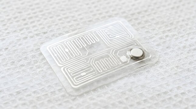 Advanced printed electronics patch featuring flexible silver conductive circuits and tiny microchip component on clean white fabric background