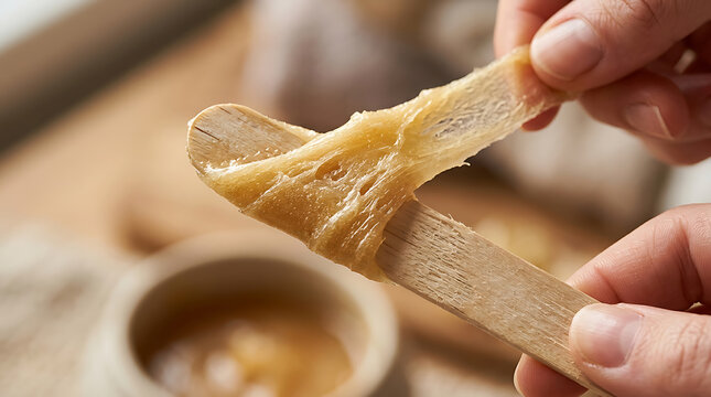 Hands stretching warm sugar paste with wooden spatulas for waxing