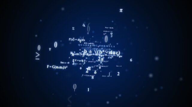 Flythrough of glowing blue mathematical equations and data. 4K Video