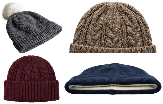 A cozy collection of knitted winter beanies and warm headwear in various styles and colors.