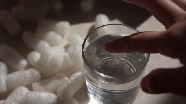 White biodegradable starch filler dissolving in a glass of water, eco packaging of parcels safe for the environment. Packing peanuts from corn starch scattered around the glass, with copy space. 
