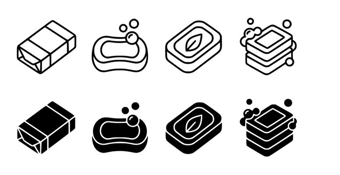 Four Soap Bar Outline and Solid Glyph Icons Vector Set with Editable Stroke for Bathroom Hygiene and Cleaning Design