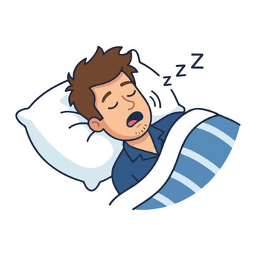 Tired man sleeping deeply in bed with a white pillow and blanket snoring
