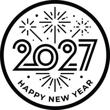 2027 Happy New Year Circular Badge with Fireworks and Bold Typography