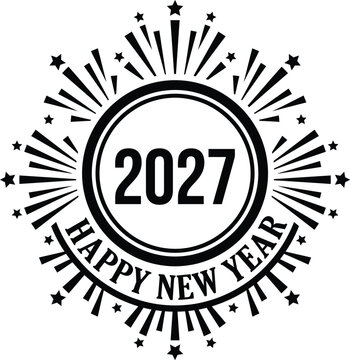 2027 Happy New Year Circular Badge with Fireworks and Starburst Design