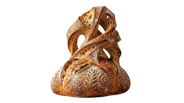 Artisanal sourdough bread sculpture, handcrafted artistic bread with twisted crust, golden brown crusty bread loaf isolated on white background