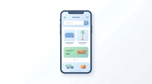 Smartphone displaying modern home furniture e-commerce shopping app.