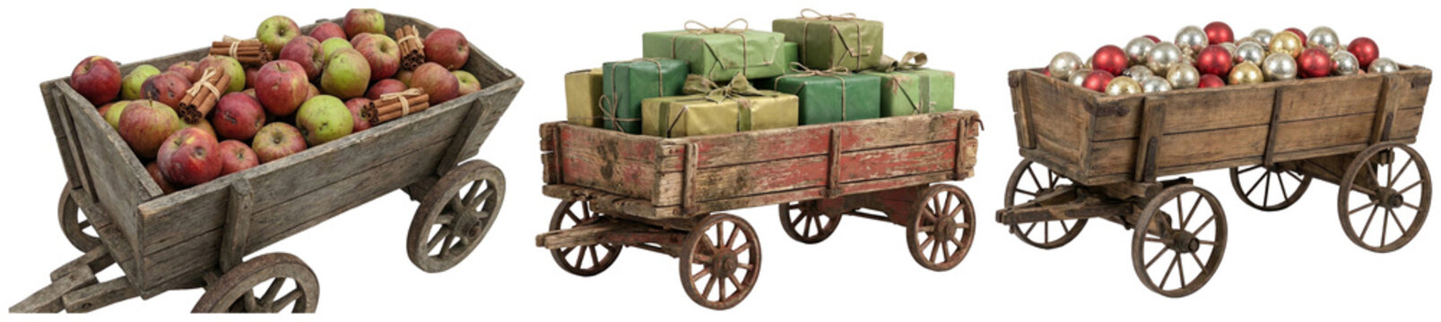 A festive collection of rustic wooden wagons loaded with holiday ornaments, wrapped presents, fresh apples, and cinnamon sticks.