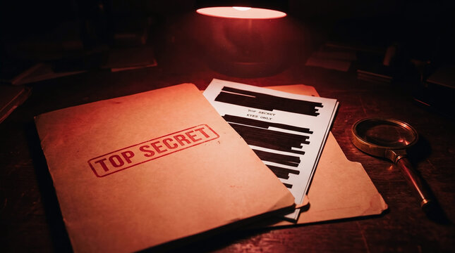 Top secret file folder with redacted document and magnifying glass