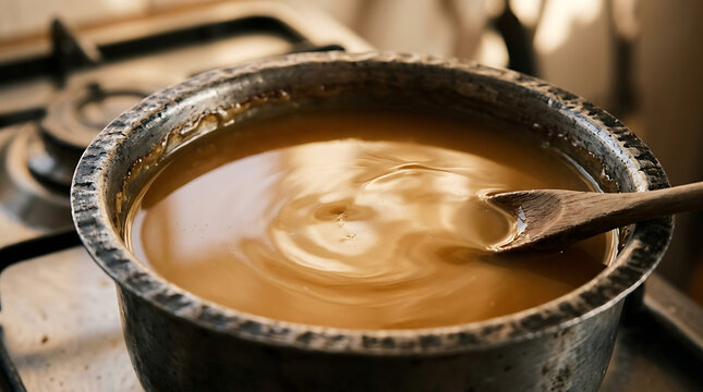 Homemade sugar waxing paste being heated in a pot on a stove
