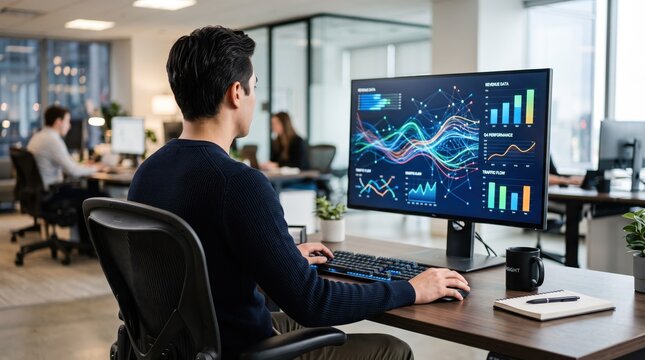 Male programmer analyzing complex data visualization and network traffic flow analytics on wide computer monitor screen in open plan office environment with colleagues working in