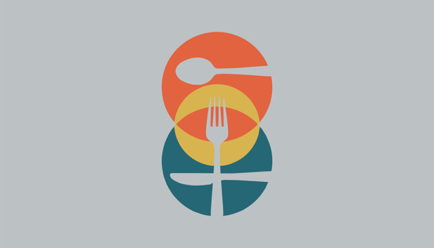 Cutlery logo design featuring spoon, fork, and knife outlines within overlapping colorful circles on grey background.