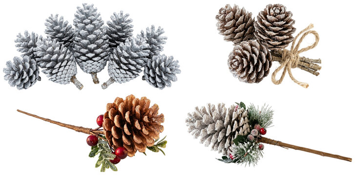 Collection of decorative frosted pinecones and glitter picks for seasonal winter and Christmas craft designs.