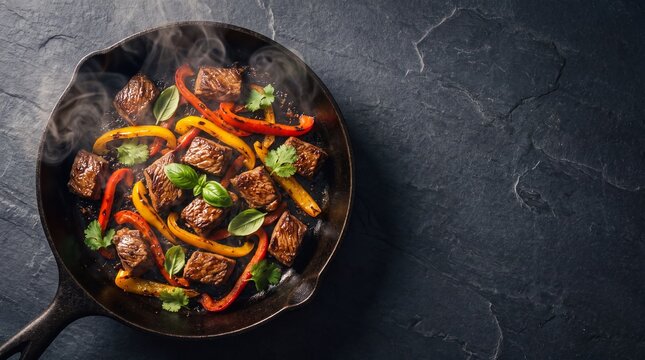 Sizzling cast iron skillet containing grilled beef steak cubes with colorful bell peppers and herbs