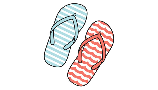 Pair of beach flip flop sandals with colorful striped patterns isolated on a white background for summer.