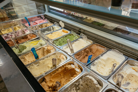 Colorful artisanal gelato selection displayed in traditional ice cream shop