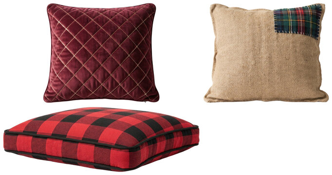 A cozy collection of rustic, plaid, and quilted decorative cushions for festive home styling.
