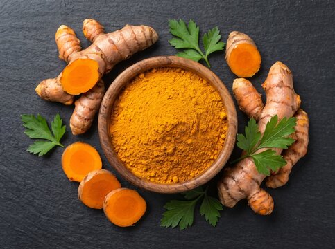 fresh turmeric roots and powder in bowl
