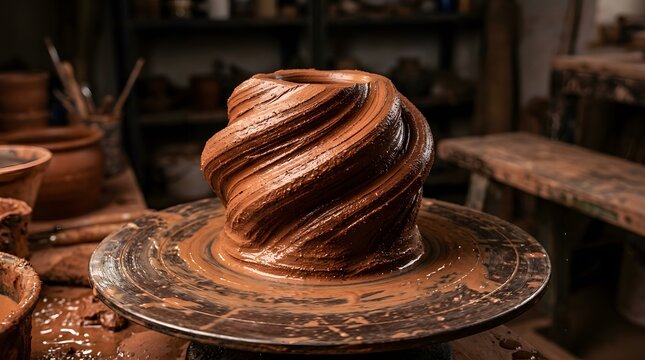 Sculpted wet clay vase spinning smoothly on a potter wheel inside rustic art studio workshop with warm ambient lighting