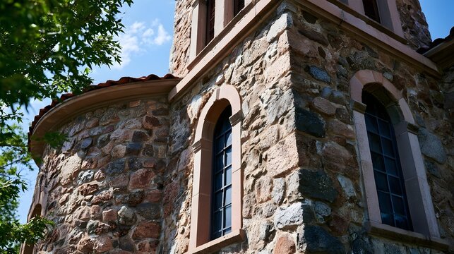 Stone church corner with arched under bright blue sky  framed by green tree branches in sunlight