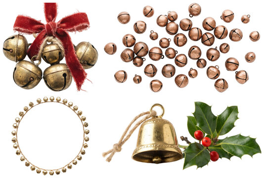 A festive collection of assorted metal holiday bells tied with ribbons and paired with holly.
