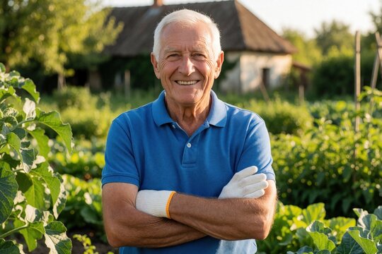 Smiling mature male farmer stands in organic vegetable garden. Happy elderly man wearing blue polo shirt, work gloves poses with arms crossed. Senior gardener enjoys summer day at rural farm