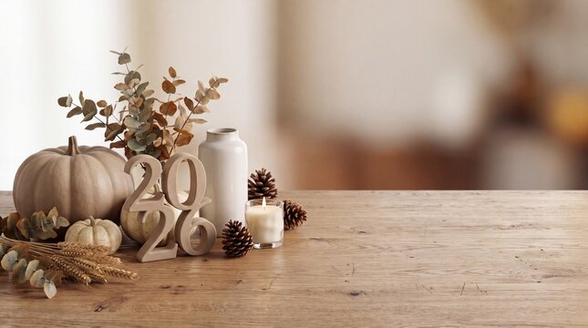 Autumn holiday background photo featuring 2026 wooden numbers. Pumpkins and pine cones on a wooden table. Seasonal celebration concept